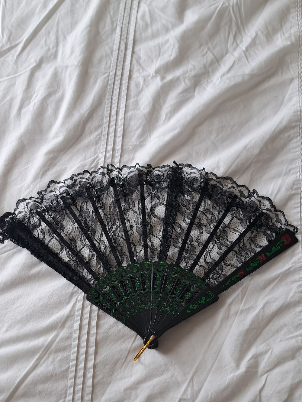 Black Lace Hand Fan with Green Accents - Victorian Dress Up Reenactment small